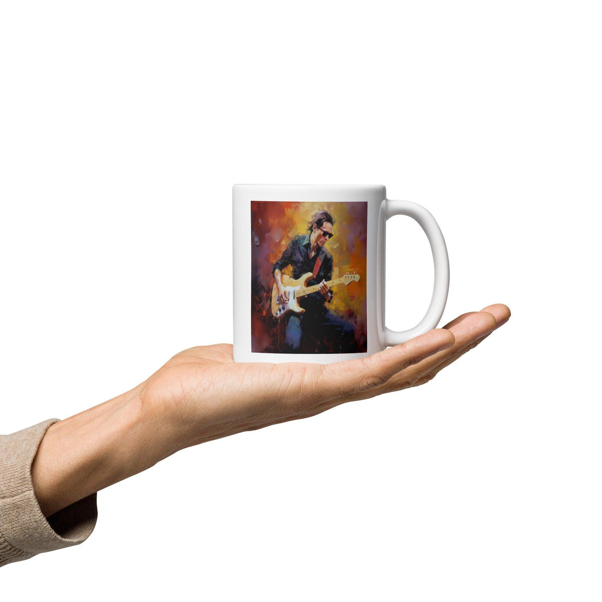 White glossy mug with Strumming Showcase design, perfect for guitarists.