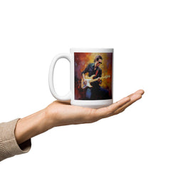 Elegant white glossy mug featuring Strumming Showcase, ideal for music lovers.