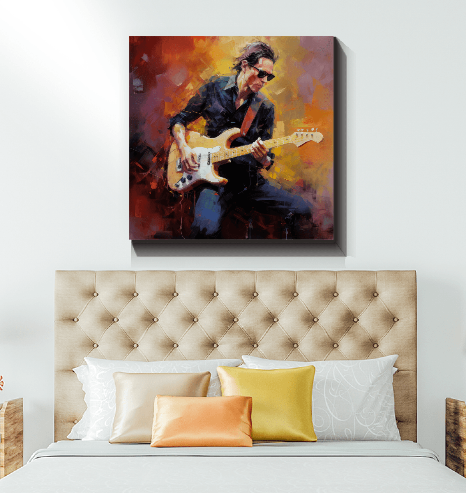 Artistic wrapped canvas with strumming guitar motif