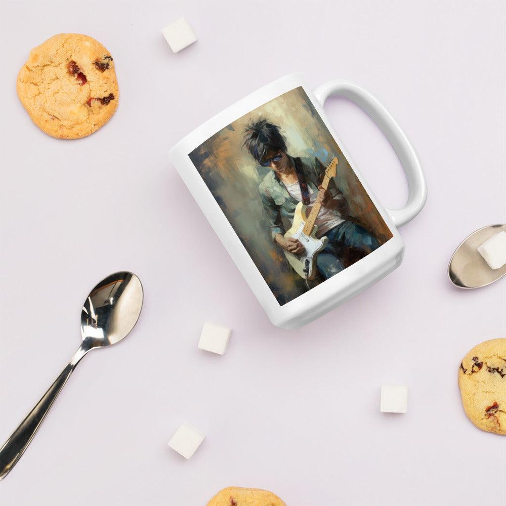 Strumming Sorcery white glossy mug on table