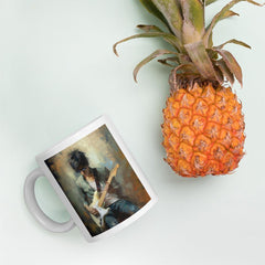 Hand holding Strumming Sorcery music-themed glossy mug