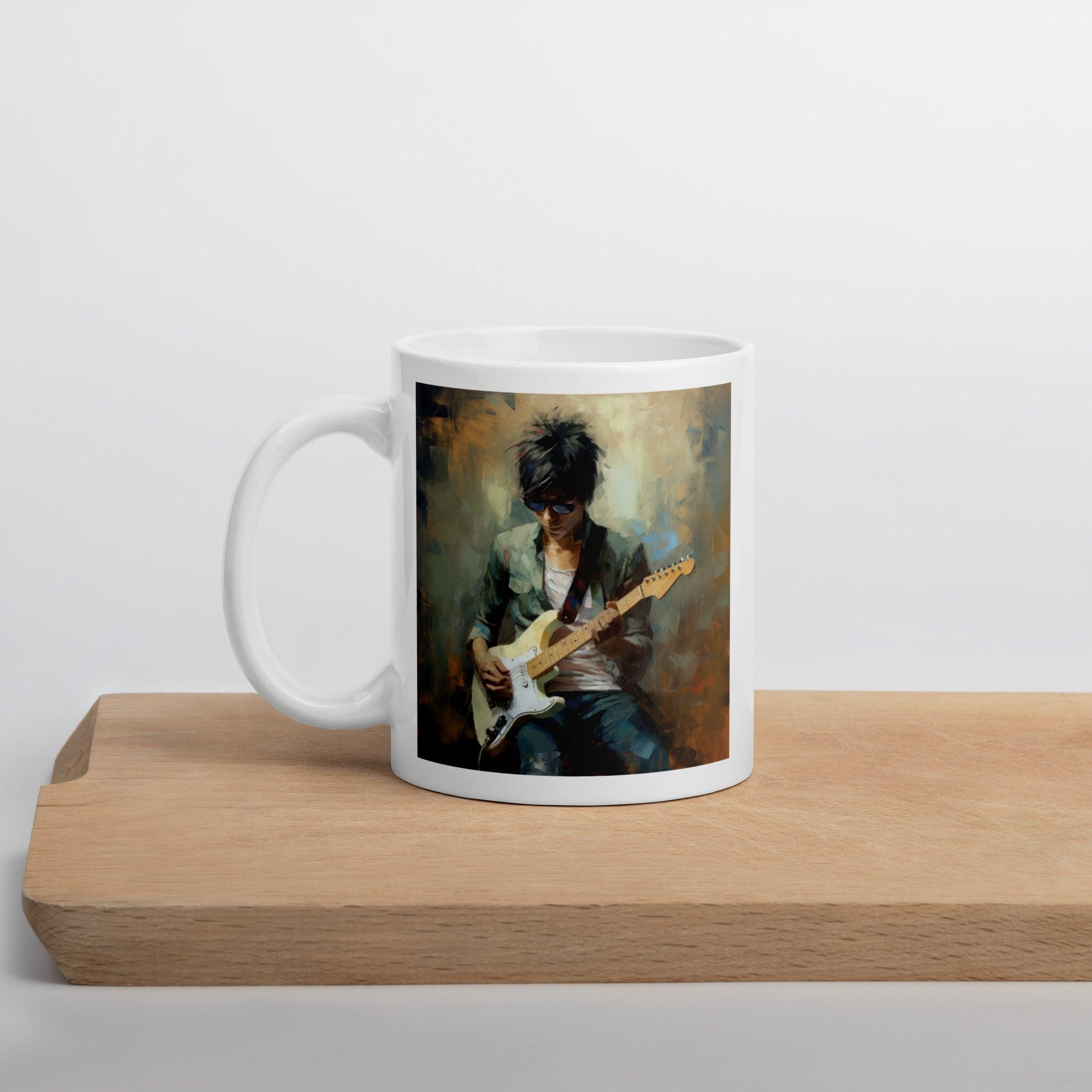 Elegant white glossy mug with Strumming Sorcery print