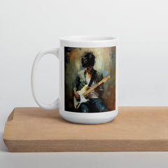 White glossy mug with Strumming Sorcery design for musicians