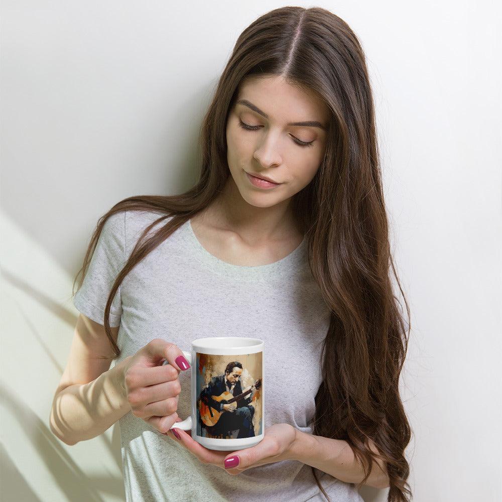 Strumming Spirit white glossy coffee mug on a table surrounded by musical notes.