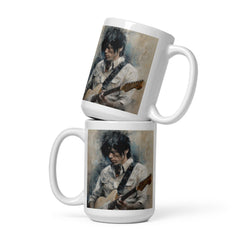 Strumming Star White Glossy Mug on a wooden table - music-themed coffee mug.