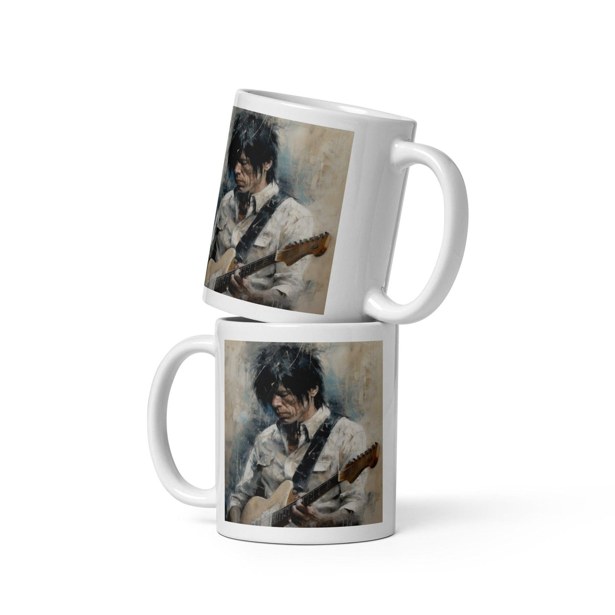 Close-up of Strumming Star White Glossy Mug - elegant design for musicians.