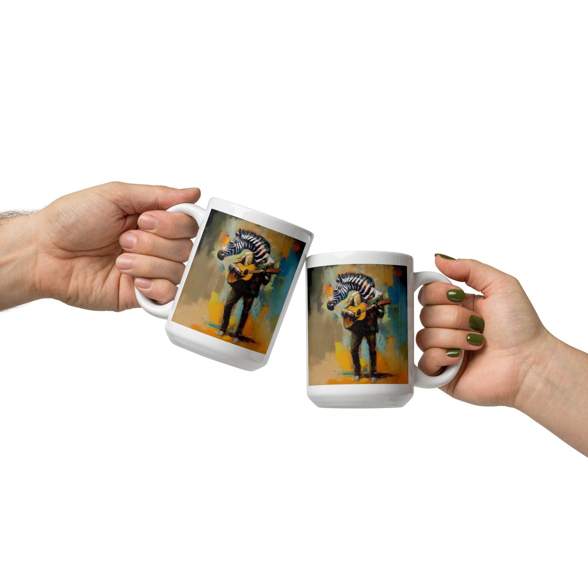 White glossy mug with Strumming Symphony design for music lovers.