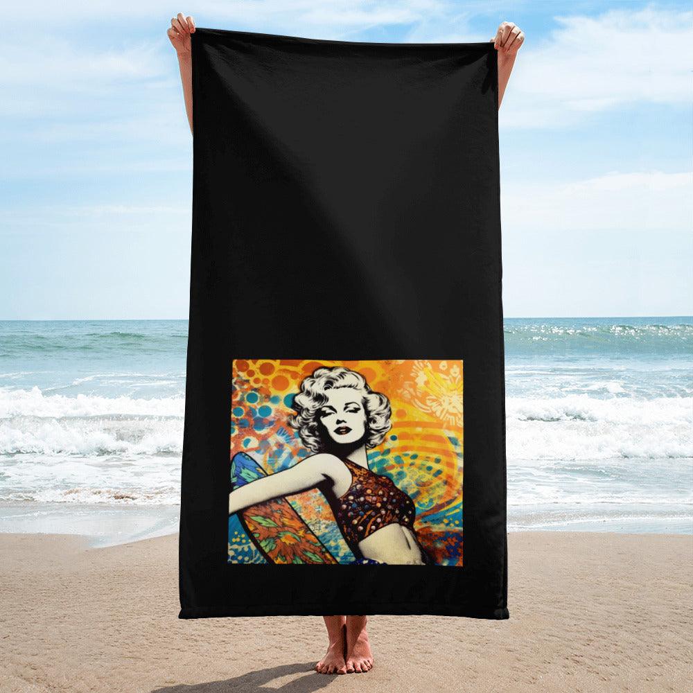 Colorful Surfing 5 06 Towel with dynamic surfboard and wave design for a fun day at the beach.