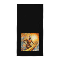 Soft and stylish Surfing 5 15 Towel with elegant wave and surfboard graphics, perfect for beach enthusiasts.