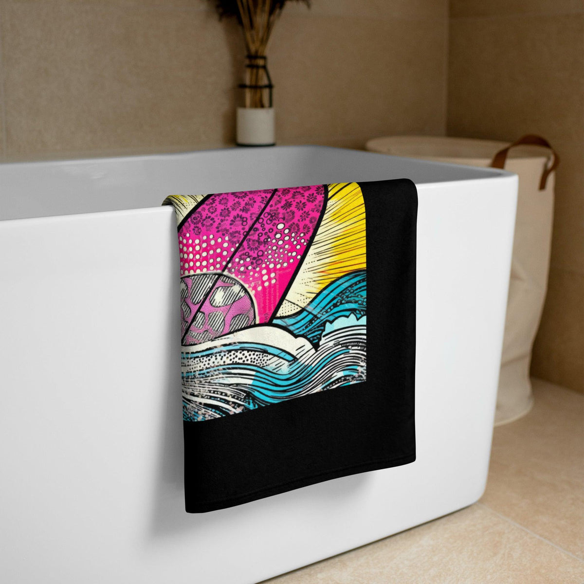 Stylish Surfing 5 32 Towel featuring vibrant surf patterns for an eye-catching beach accessory.