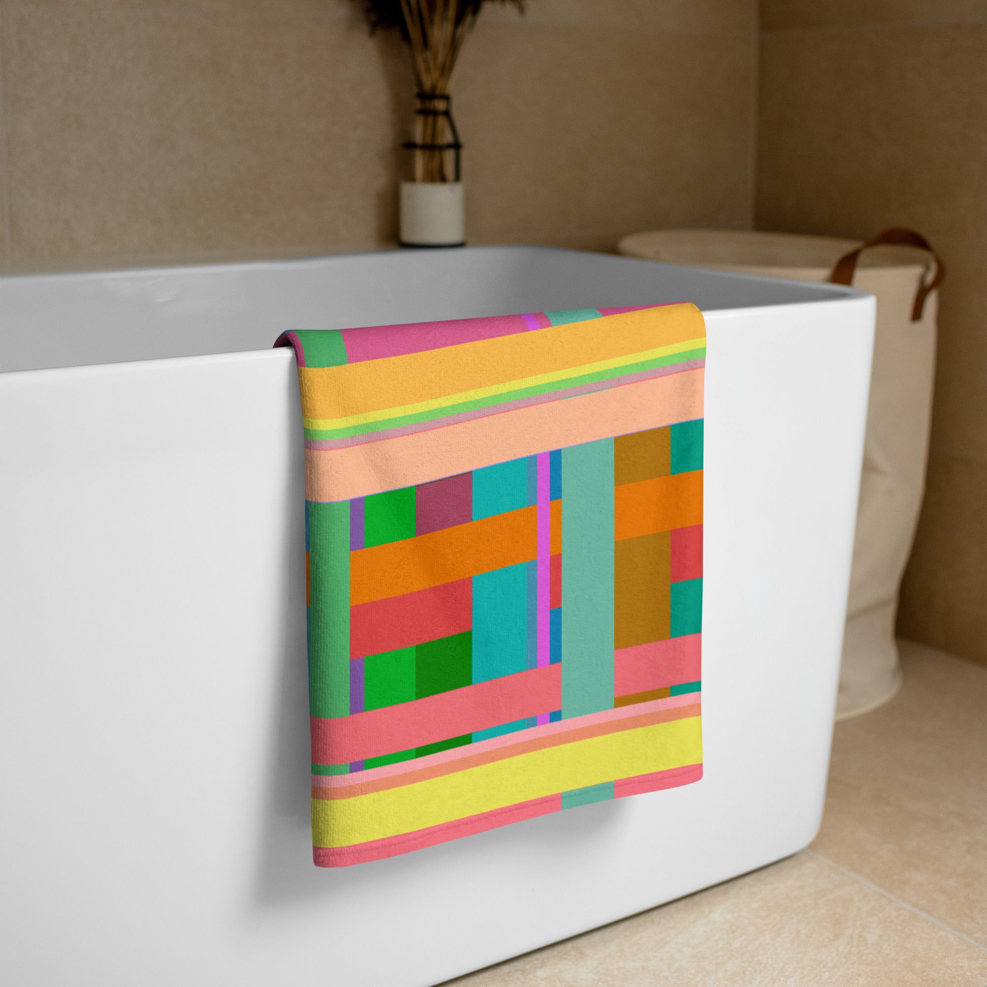 Colorful and bold bath towel with psychedelic prism patterns for a unique bath experience.