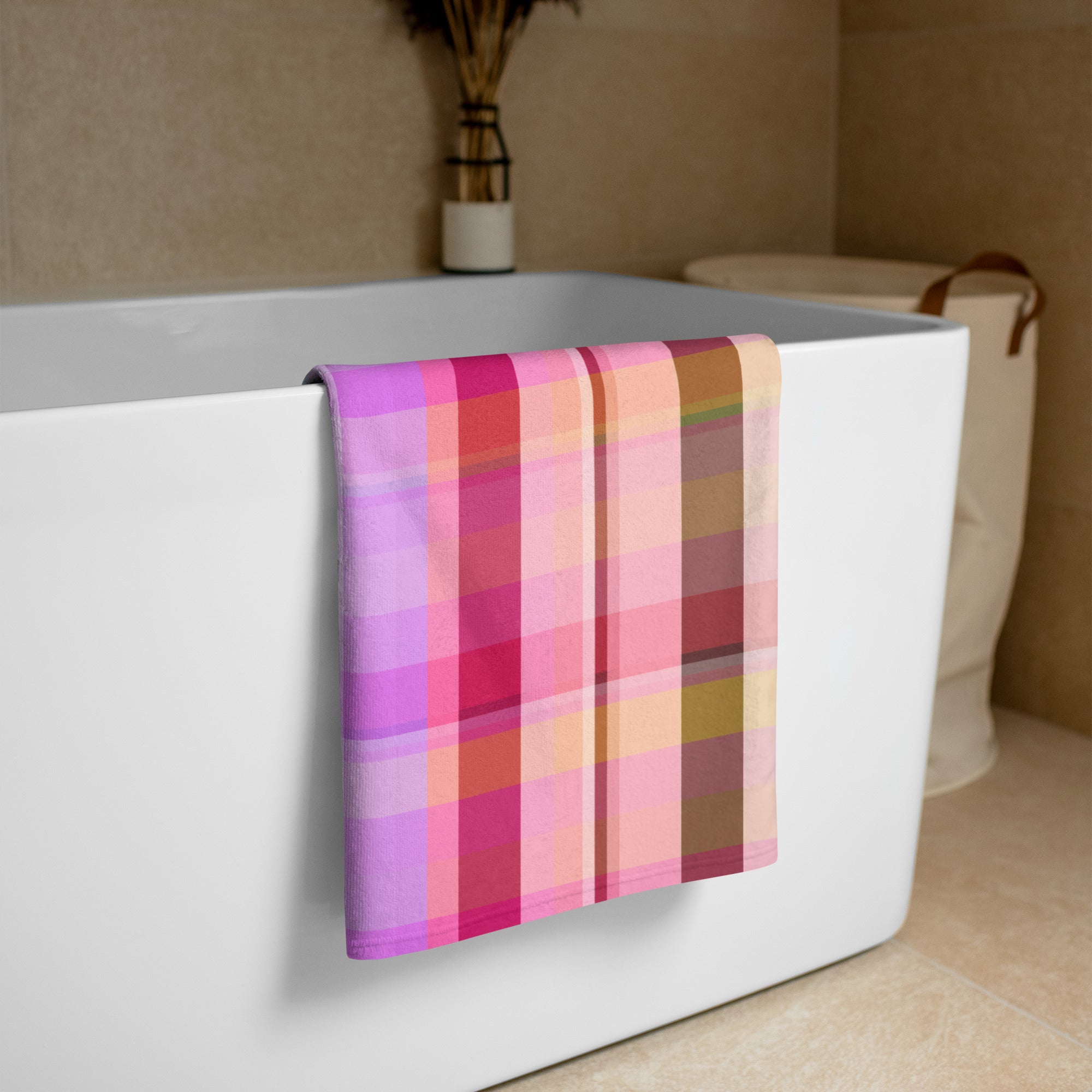 Vibrant Watercolor Strokes Bath Towel with colorful, artistic design for a modern bathroom.