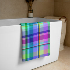 Soft and absorbent Retro Rainbow towel featuring a blast of rainbow colors for a fun bath time.