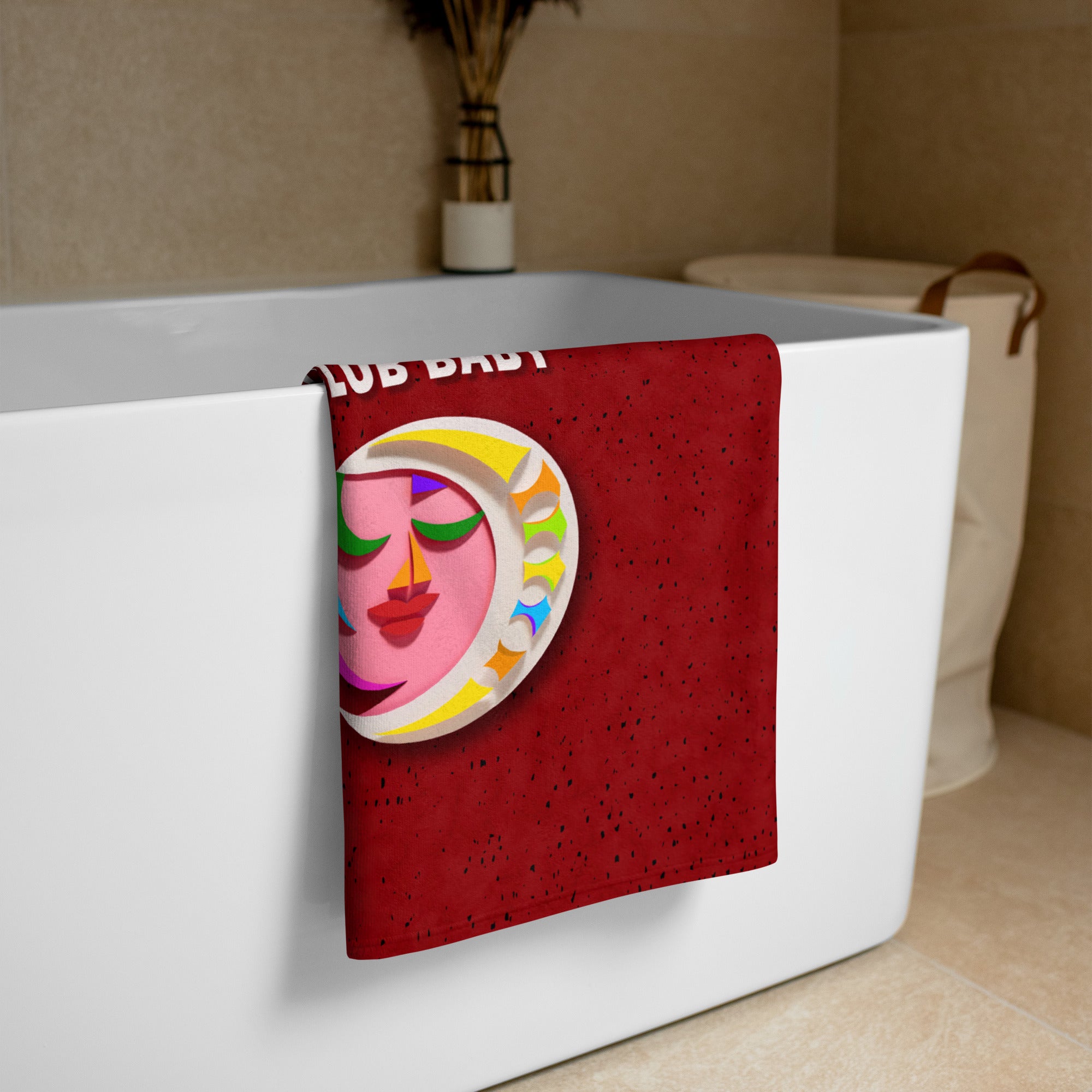 Goblin Market Premium Bath Towel elegantly draped over a rack in a stylish bathroom.





