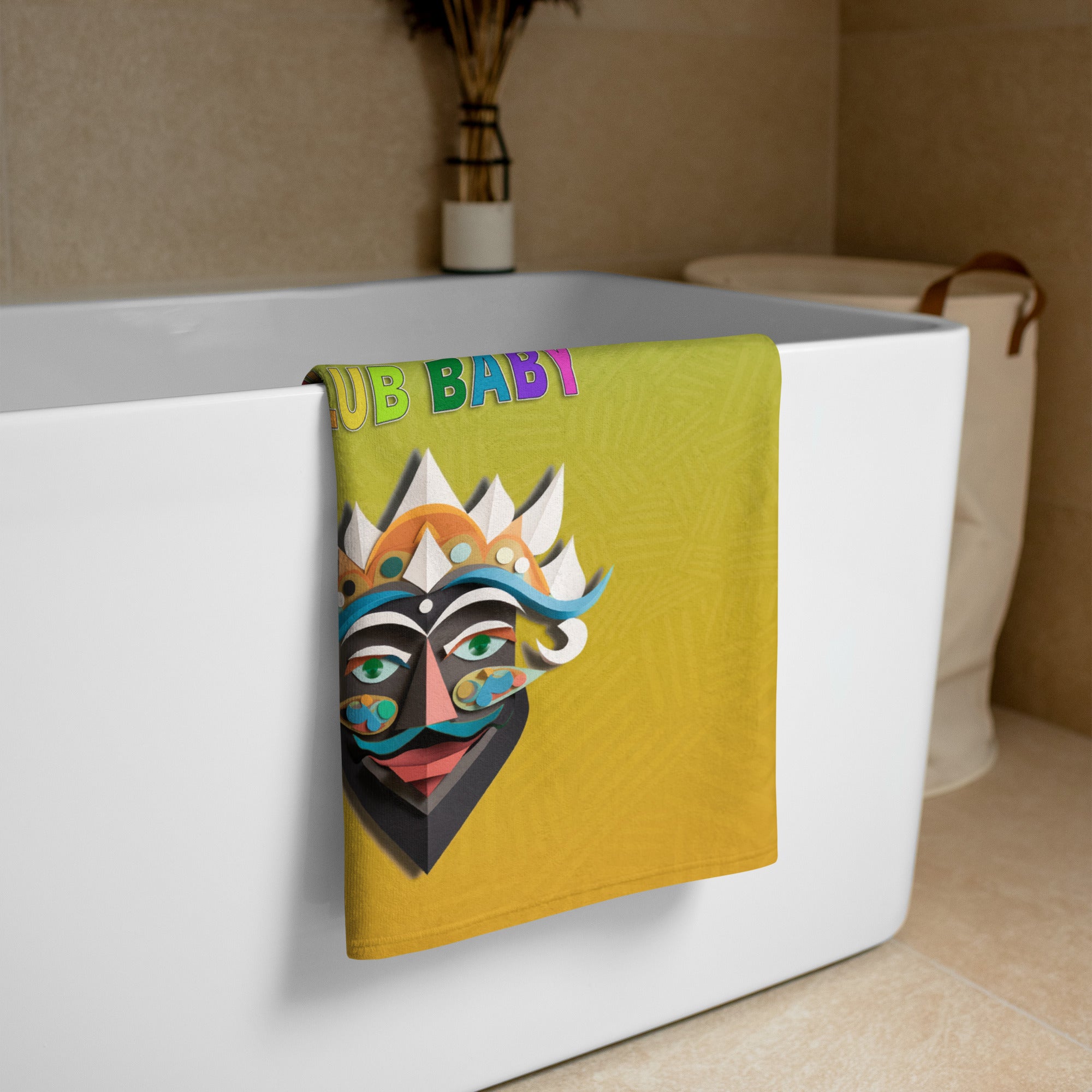 Hansel and Gretel luxury bath towel on a bathroom rack
