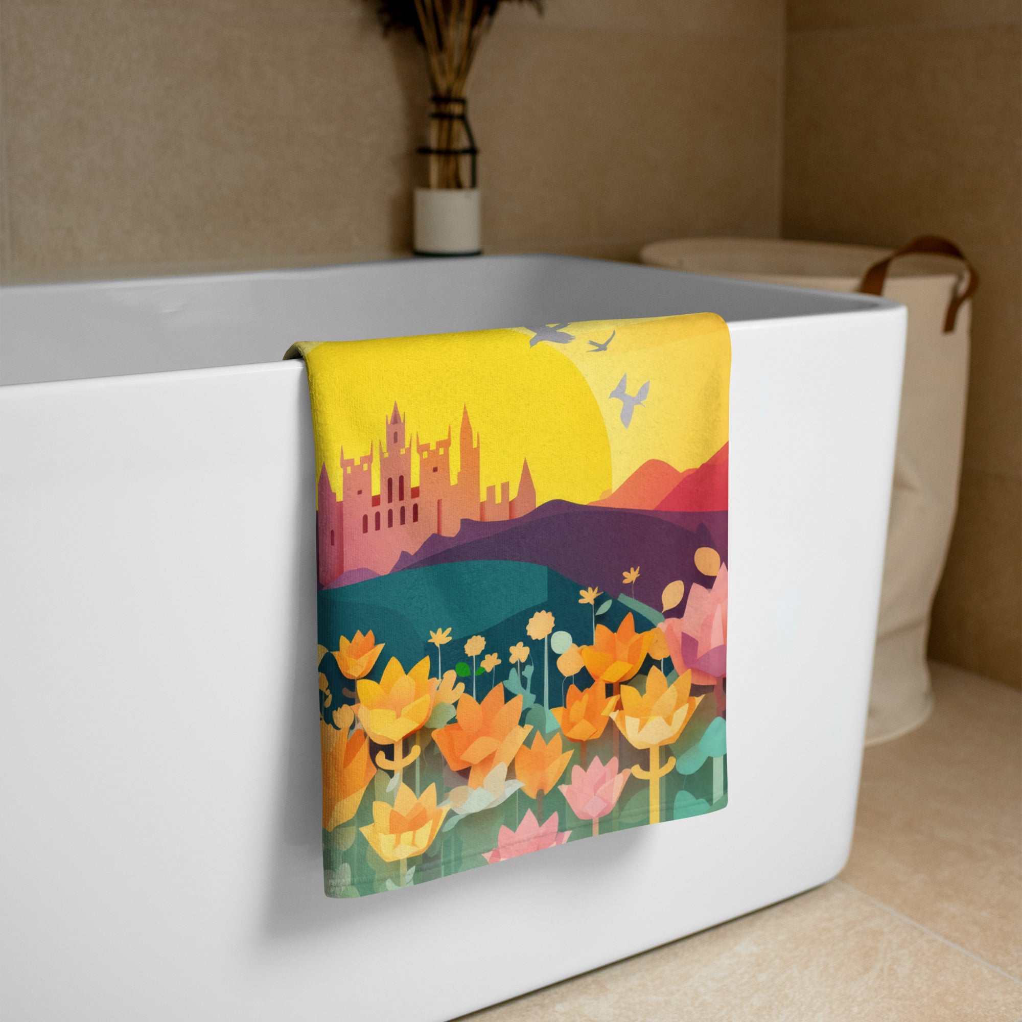 Cozy premium bath towel featuring whimsical fairy tale unicorns





