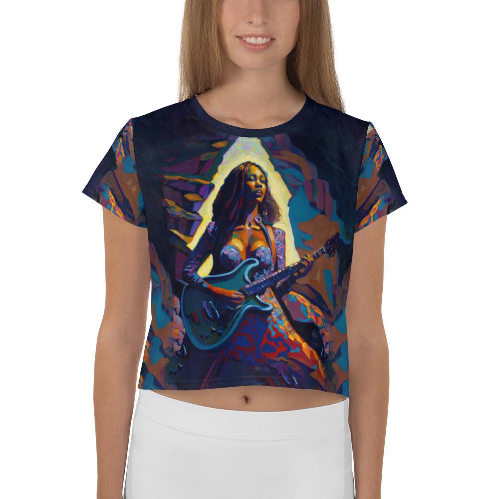SurArt 127 vibrant all-over print crop tee on model.
