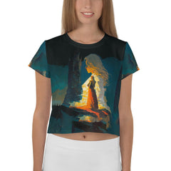 SurArt 67 vibrant all-over print crop tee front view.