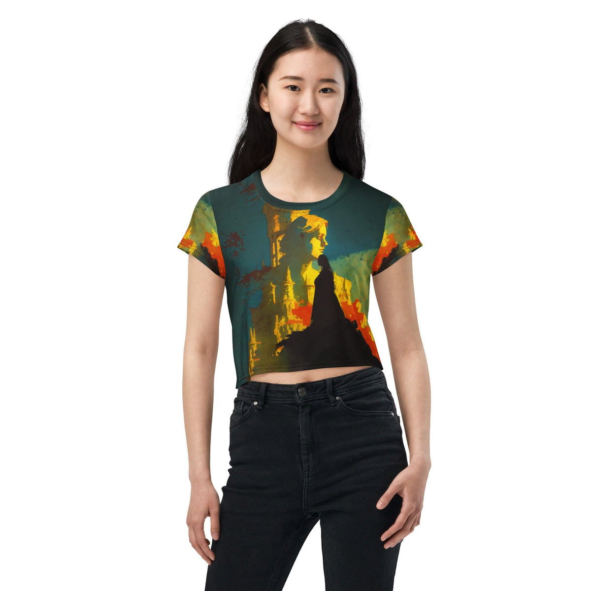 SurArt 68 vibrant all-over print crop tee front view.