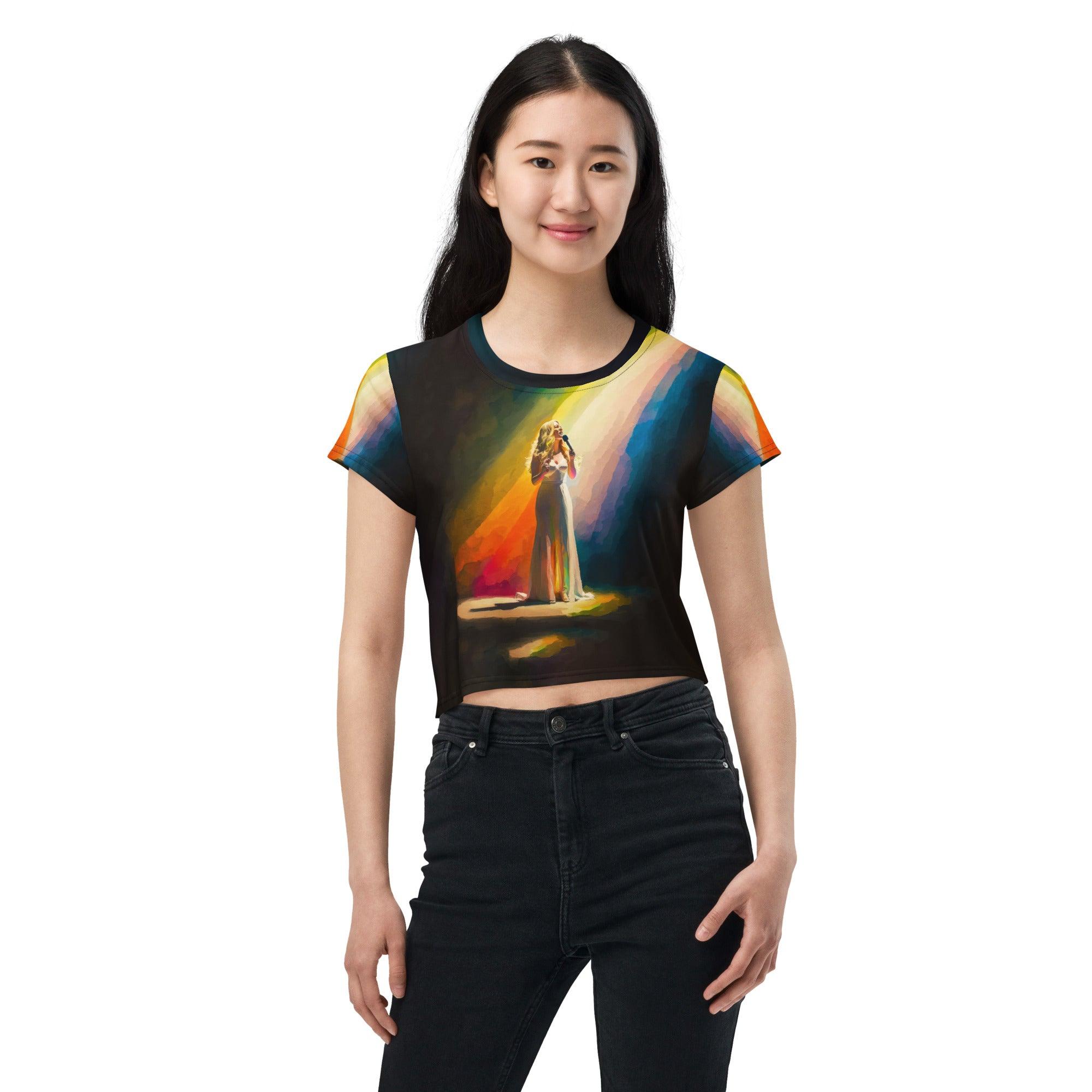 SurArt 69 printed crop tee styled with jeans.
