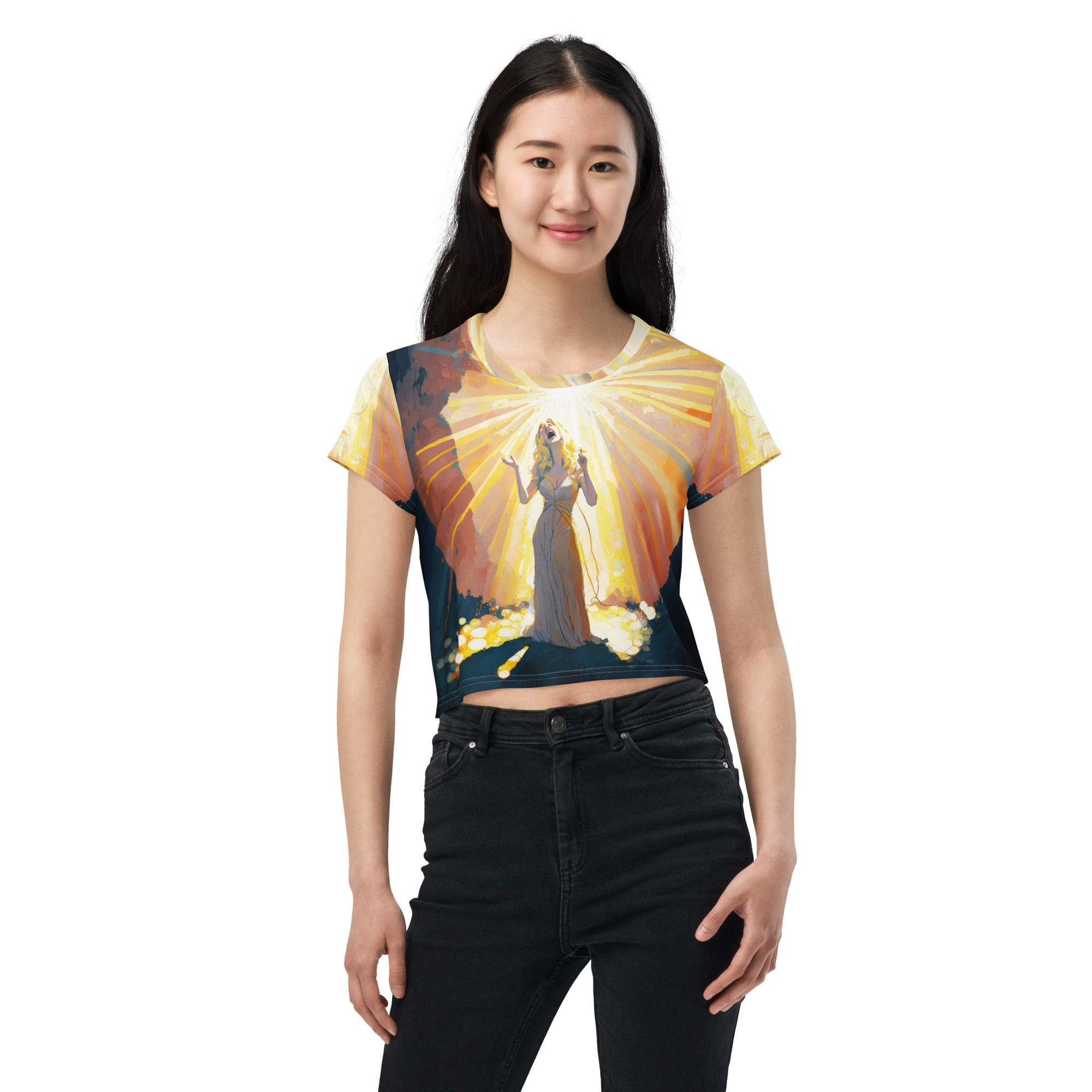 SurArt 71 vibrant all-over print crop tee on model.