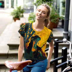 SurArt 78 vibrant all-over print crop tee on model.