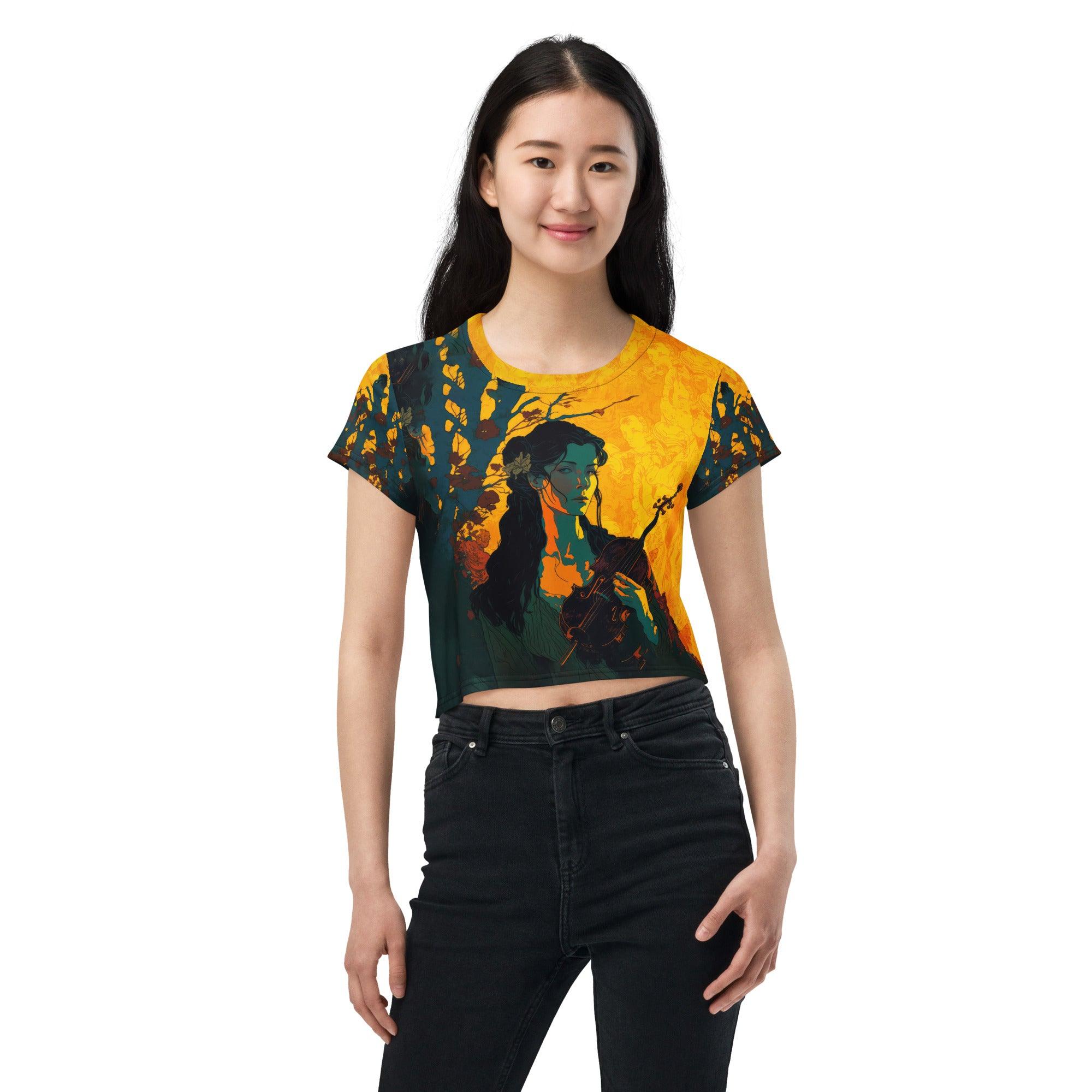 Woman wearing SurArt 78 stylish all-over print crop top.