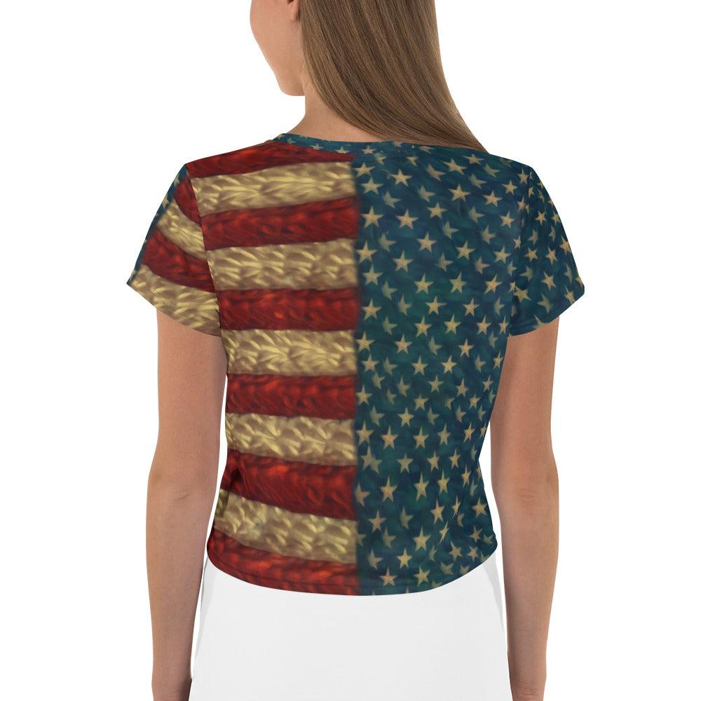 Woman wearing American Renaissance print crop top