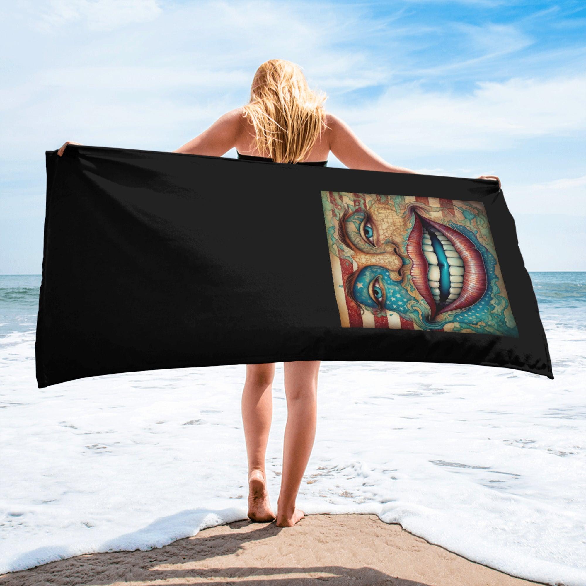 The United States Of Art Towel displayed in a modern home setting, showcasing vibrant artistic design.