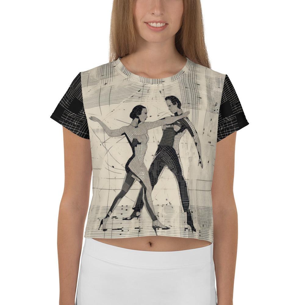 Theatrical Balletic Fashion Crop Tee with vibrant all-over print on model