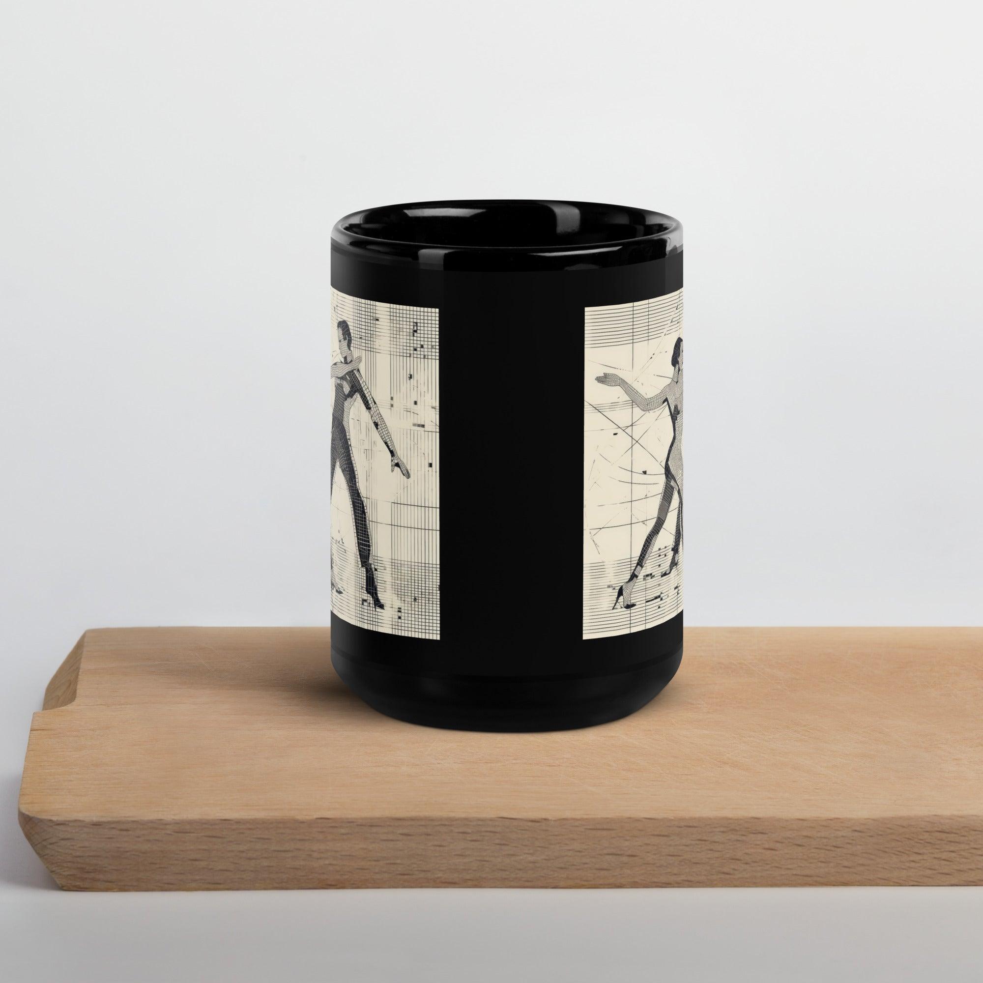 Black Glossy Balletic Fashion Mug filled with coffee on a table.