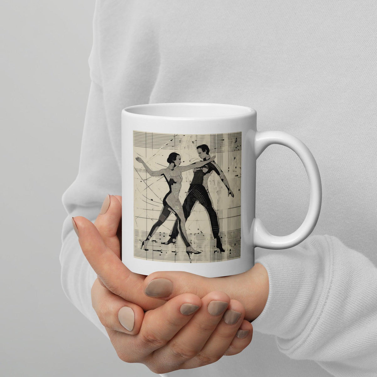 Fashionable ballet theme glossy mug in pristine white.