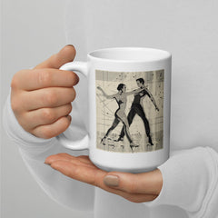 Elegant white mug with theatrical and balletic fashion motifs for coffee lovers.