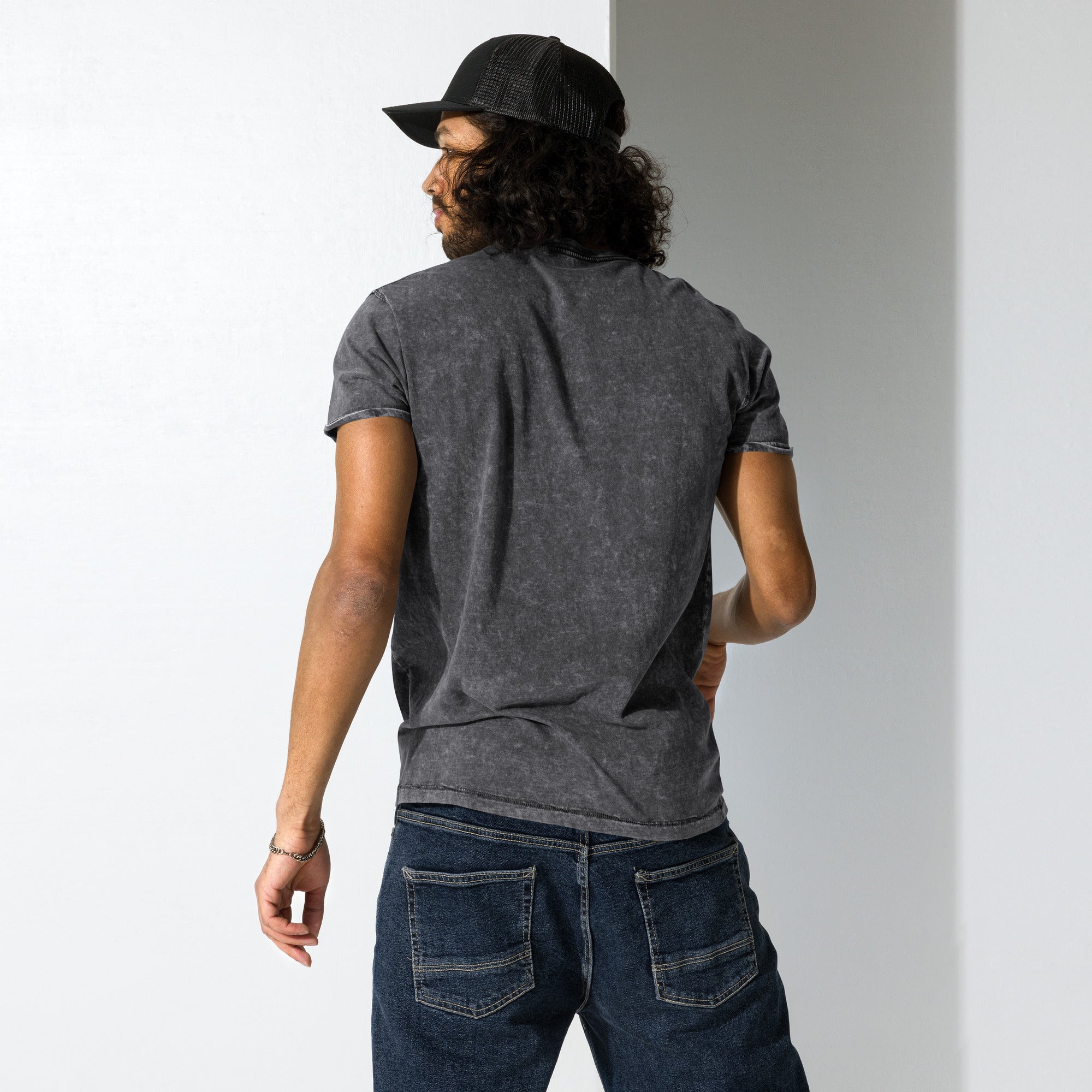 Casual denim t-shirt promoting harmony and balance.