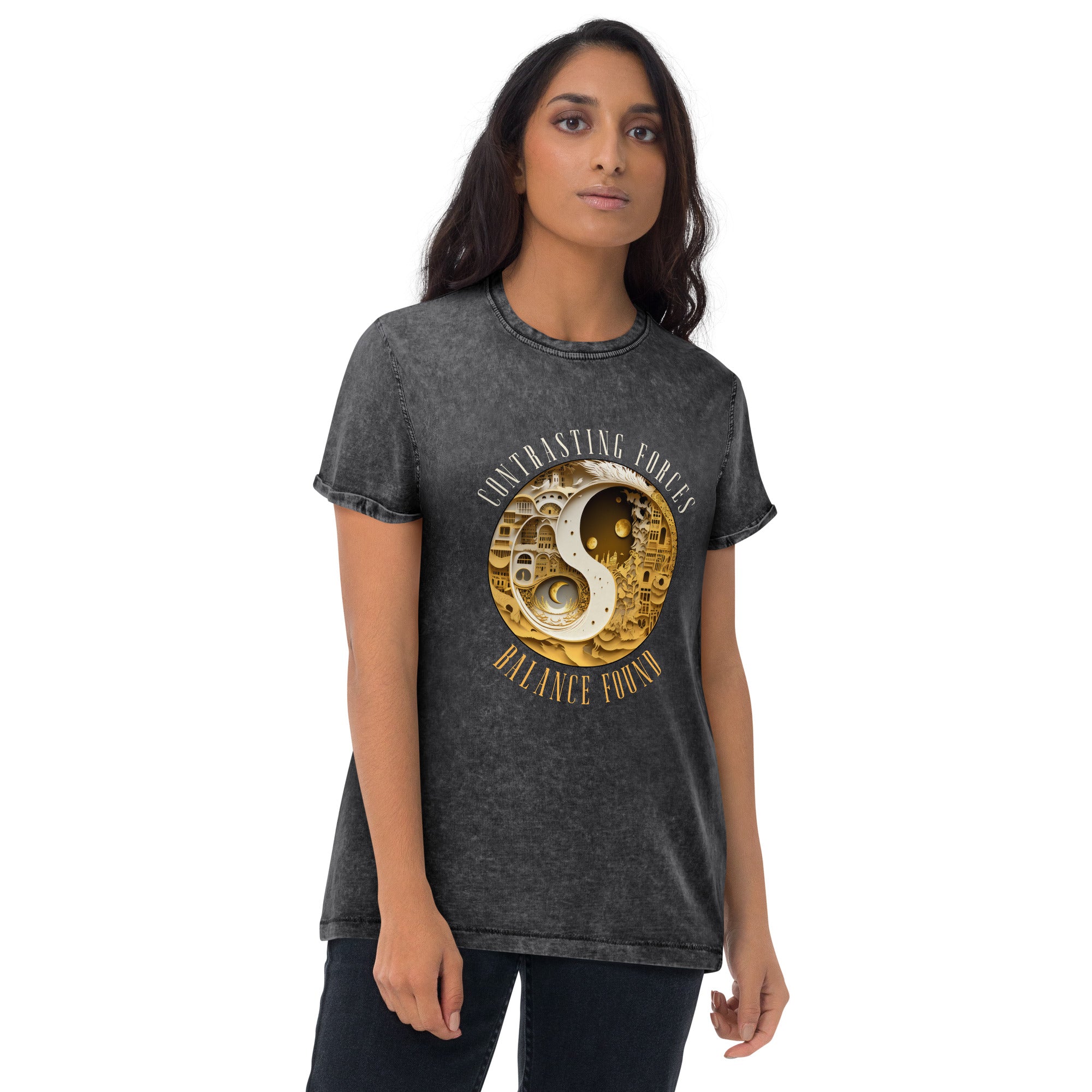 Casual denim t-shirt for all genders with unique Fire & Water print.