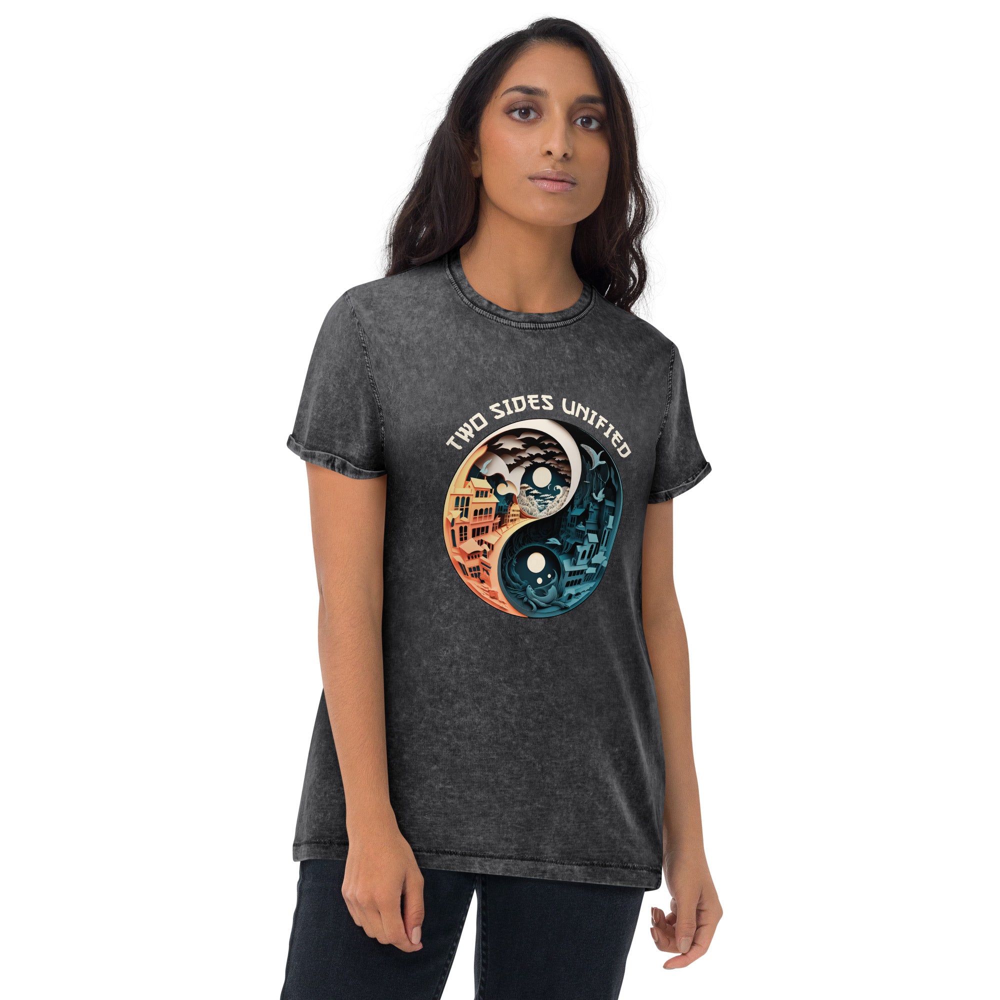 Fashionable denim tee with unique Arctic night sky print.