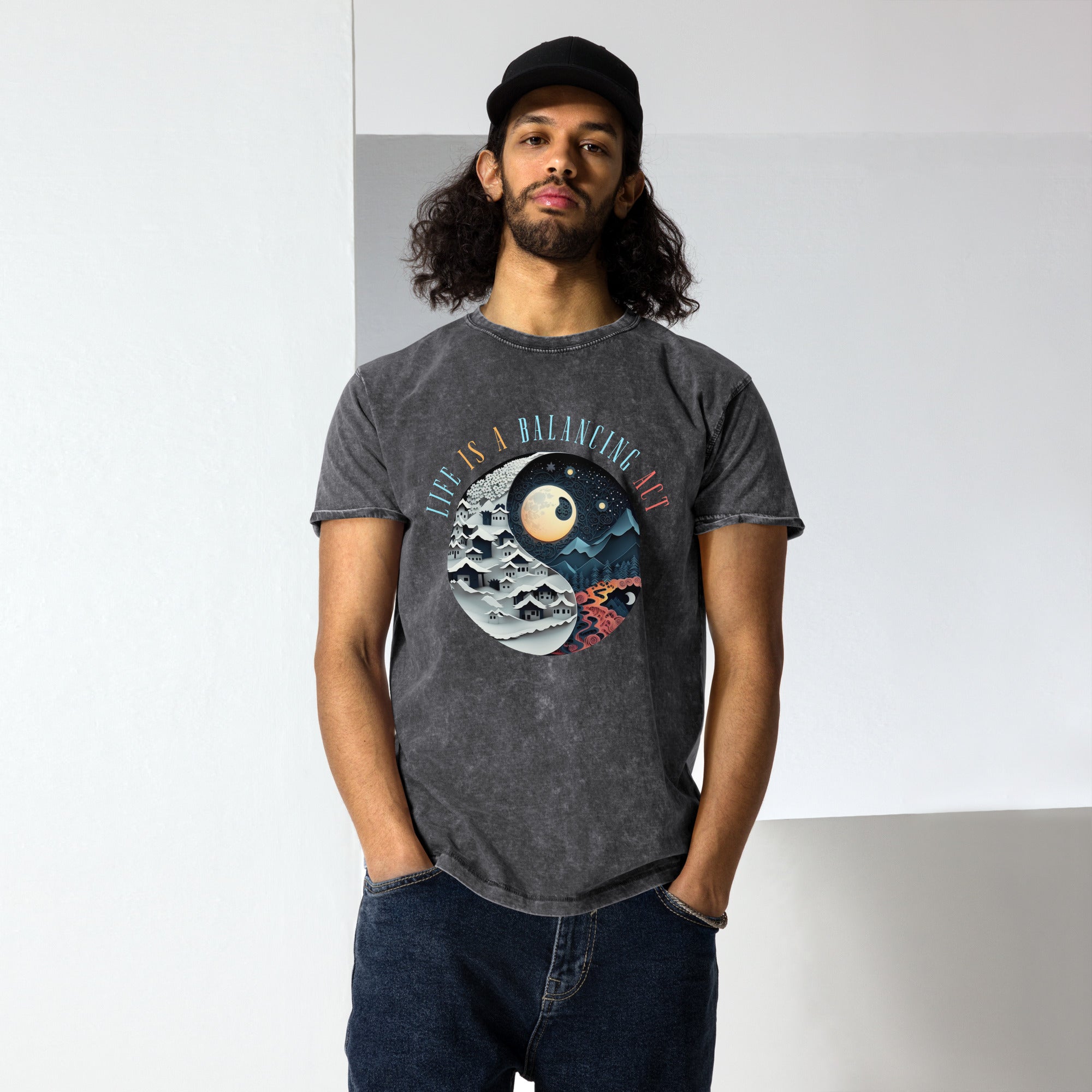 Casual denim t-shirt with balance-inspired butterfly artwork.