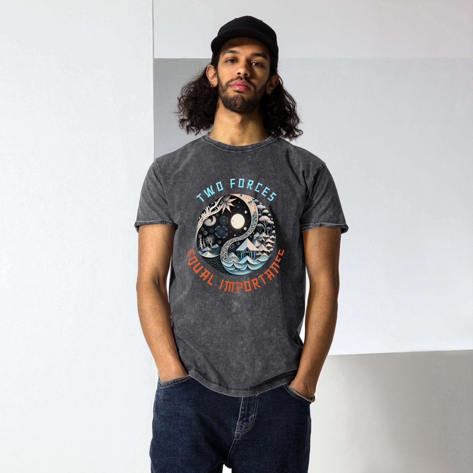 Fashion-forward unisex t-shirt with spiritual elements in denim.