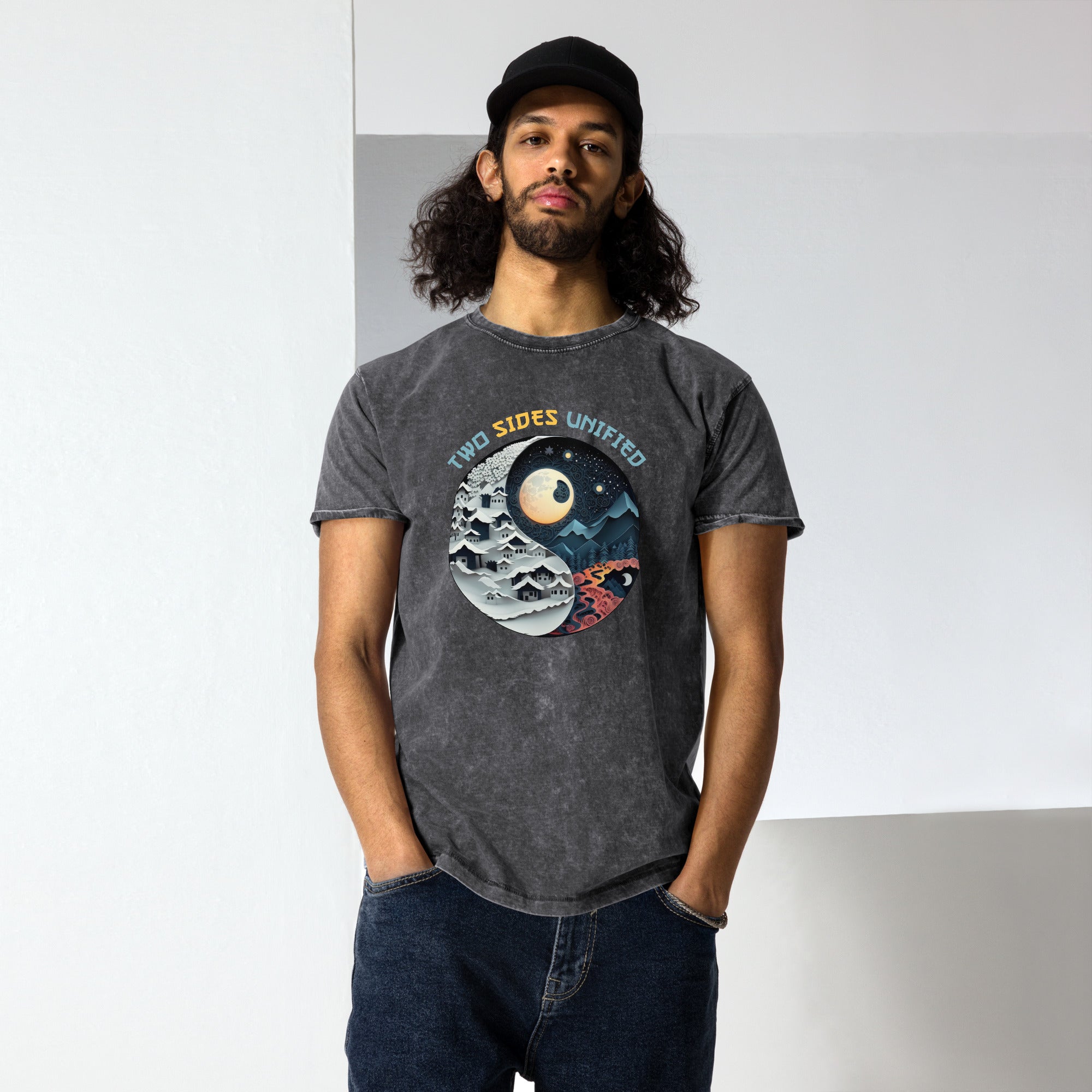 Denim t-shirt featuring peaceful koi fish artwork.