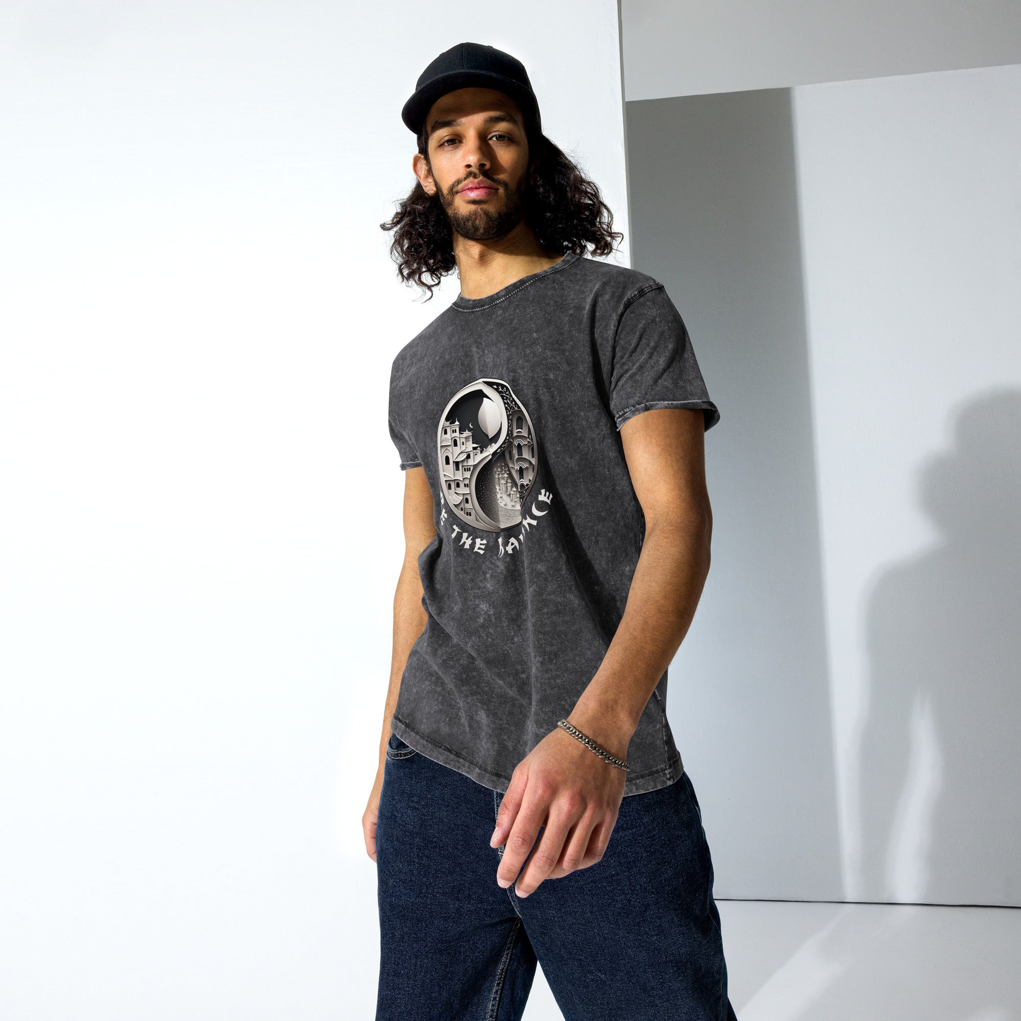 Stylish unisex denim t-shirt featuring Eclipse Shadow motif.