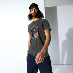 Adventure-ready unisex denim t-shirt with nature print.