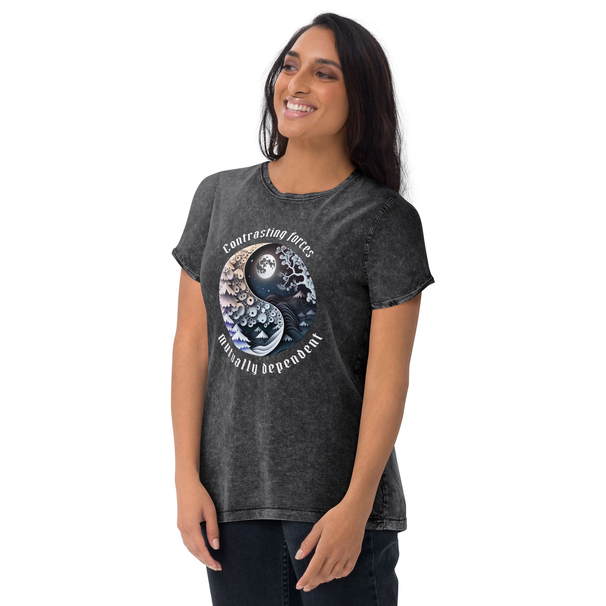 Versatile denim t-shirt with unique Aurora artwork for everyday wear.