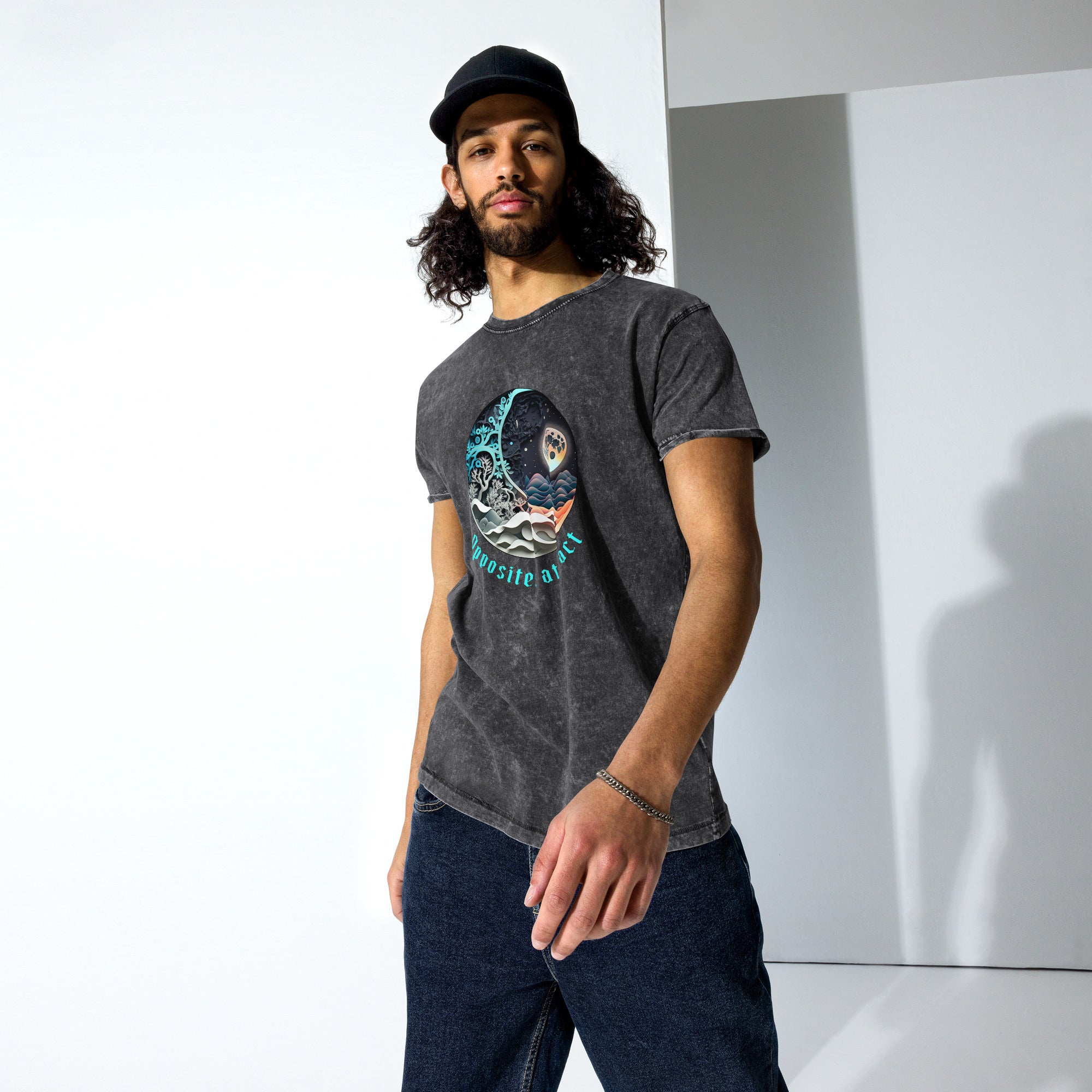 Casual denim t-shirt featuring a calming mandala pattern.