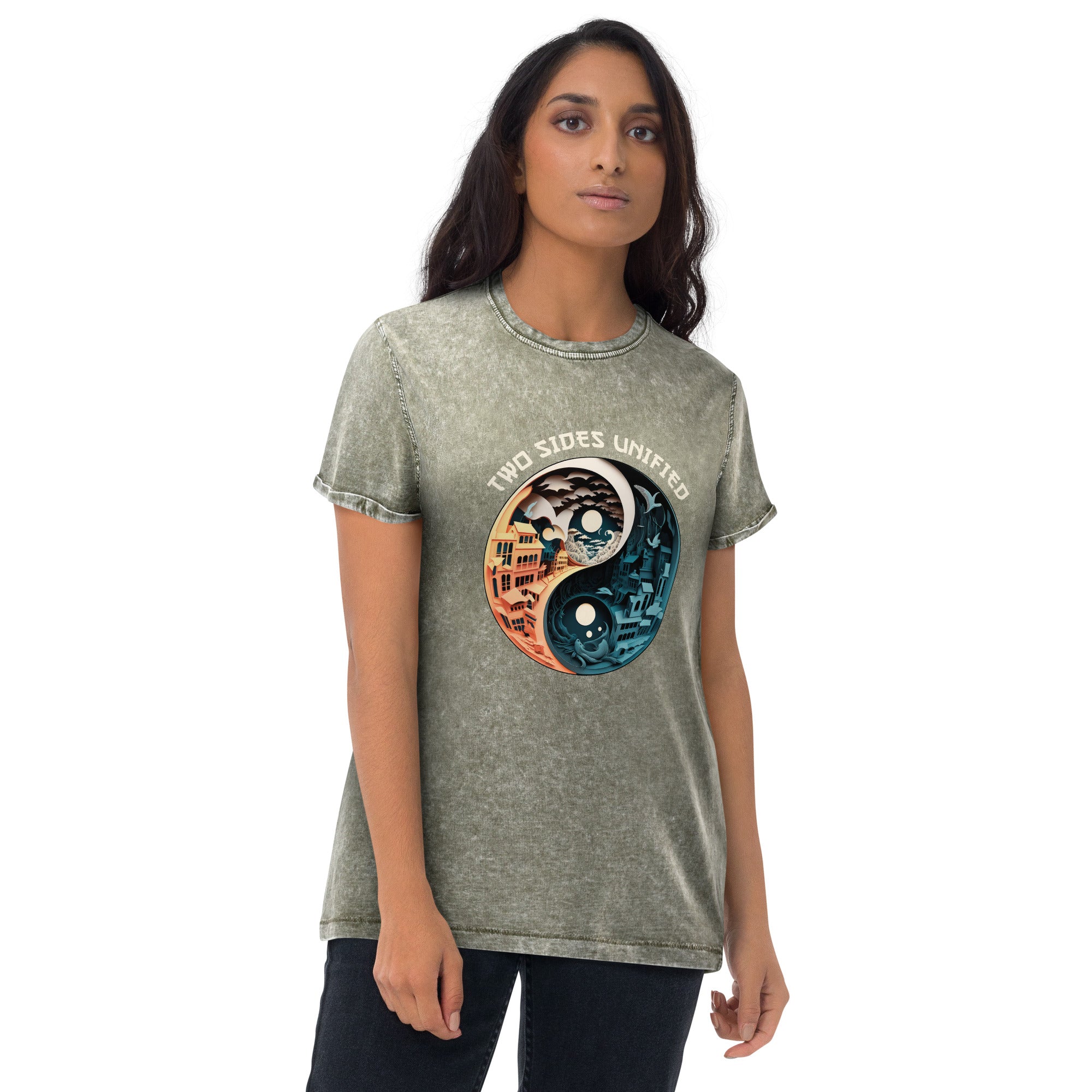 Unisex denim t-shirt with Arctic Aurora print.