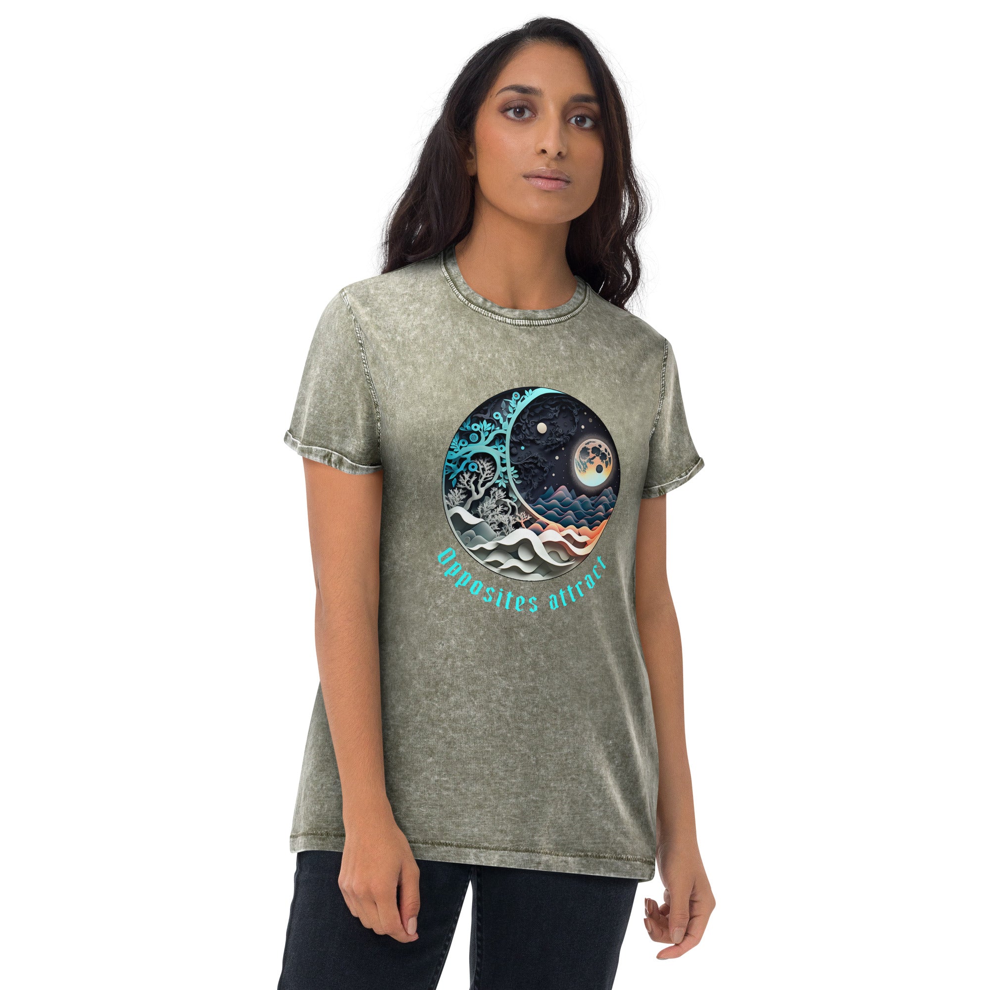 Unisex denim t-shirt with mandala meditation design.