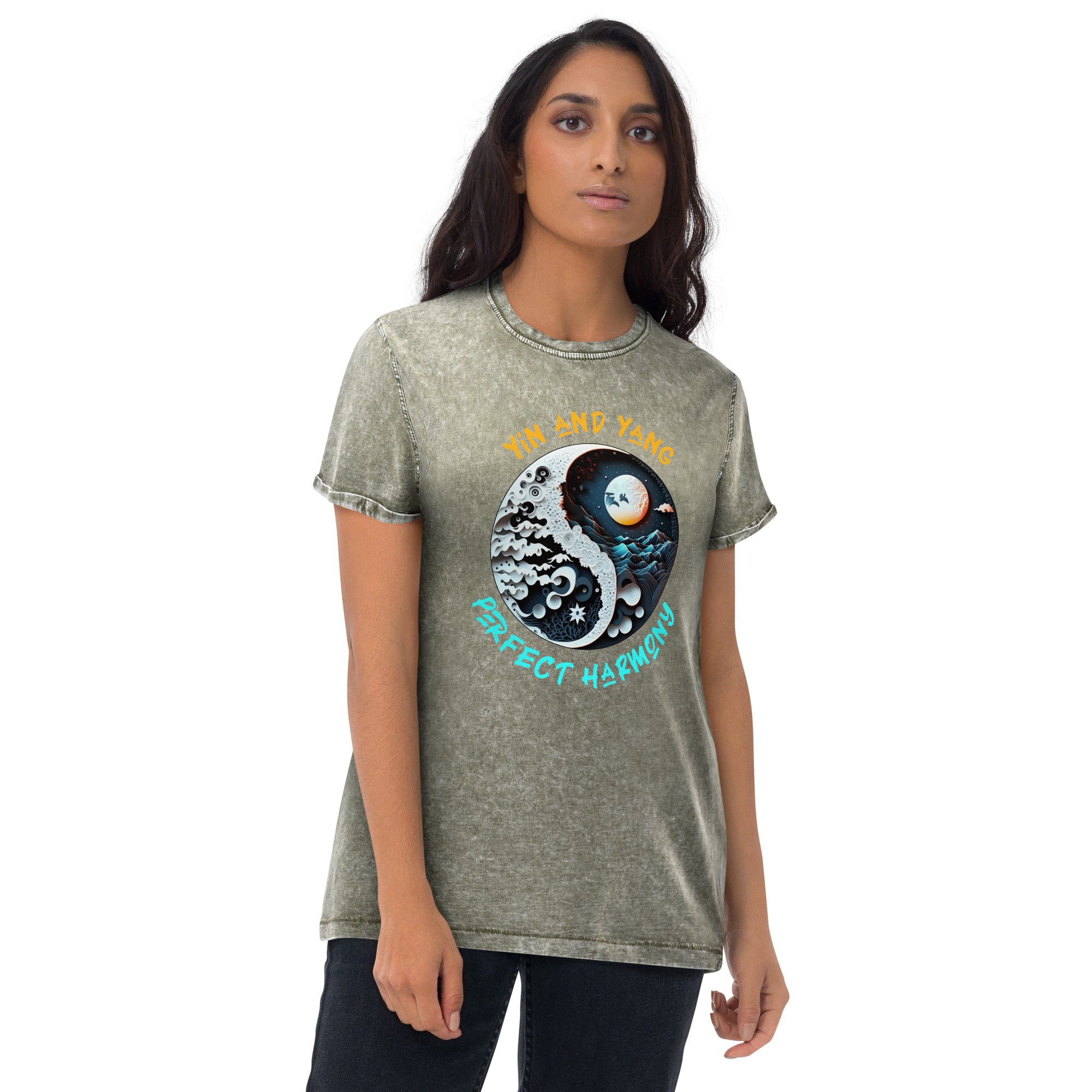 Casual denim t-shirt featuring Love and Peace theme.