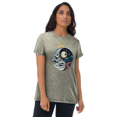 Calm-inspired koi fish unisex denim t-shirt for relaxed wear.