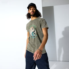 Casual unisex denim t-shirt with serene sunset graphic.