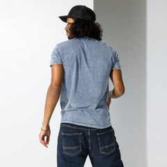 Street style denim t-shirt with colorful graffiti.