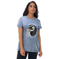 Unisex denim t-shirt with urban graffiti design.